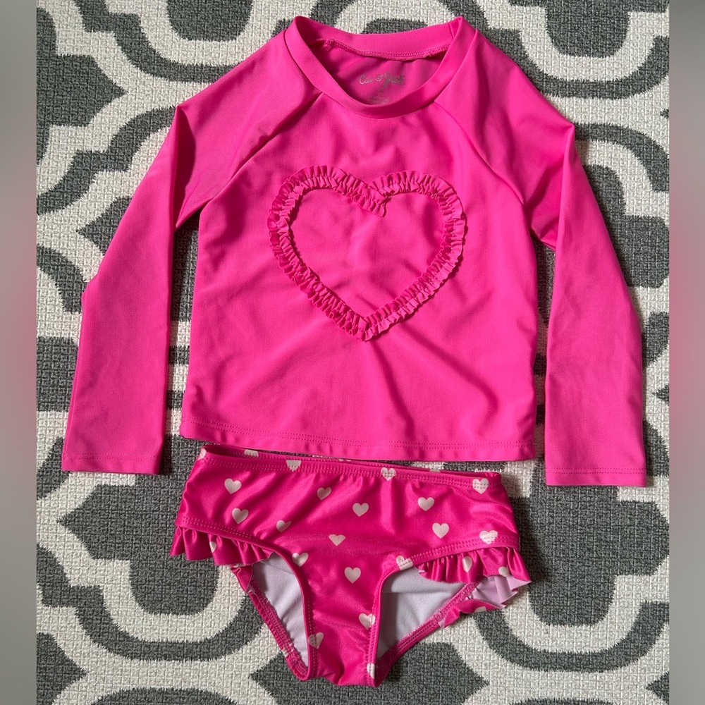 Cat & Jack Hot Pink Heart Long-Sleeve Rashguard Set. UPF 50+